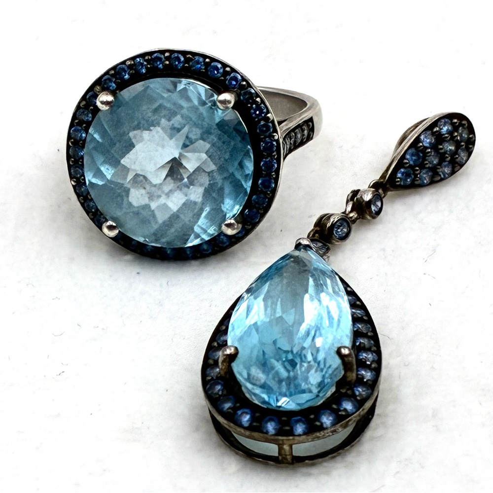 Silver 925 Gemstone Jewelry Set: Ring and Pendant with Rhinestones and Metalwork